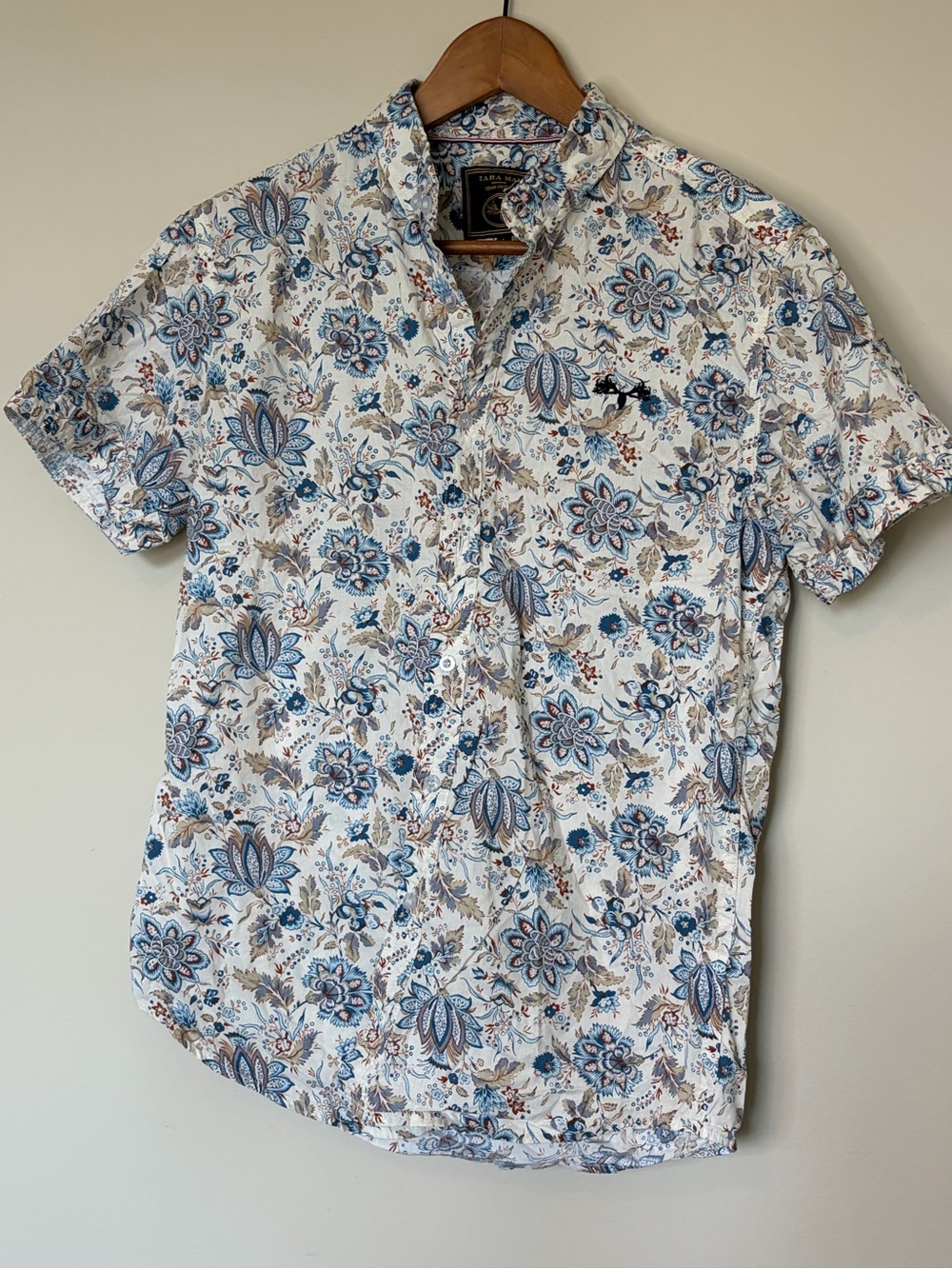 Zara Man Short-Sleeve Button-Down Shirt - White, Blue, Brown Floral
